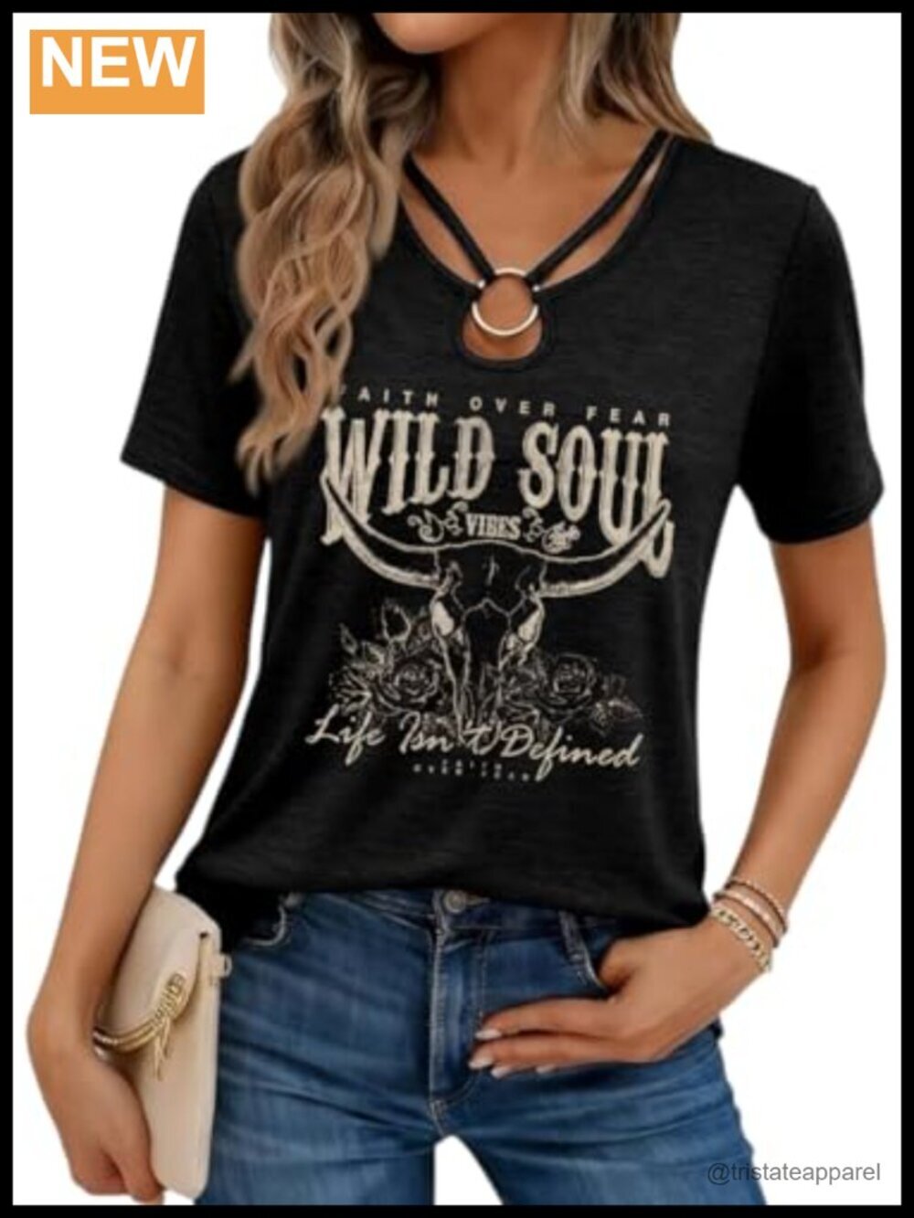 Funny Cow Skull Graphic Keyhole Neck T-Shirt Cutout Ring Tee
